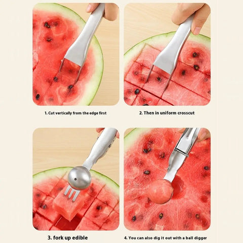 Step-by-step use of the 3 In 1 Watermelon Cutter Slicer Fork Tool in stainless steel for slicing, scooping, and serving watermelon.