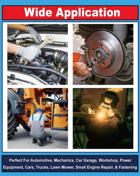 Collage showing automotive repair, brake work, machinery maintenance, and welding applications for DIY projects.