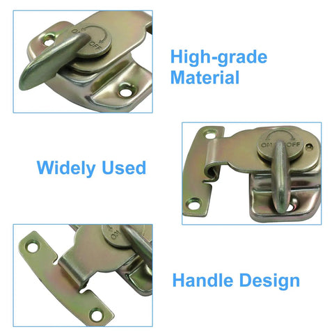 Heavy Duty Metal Table Locks Two Pack Spring Loaded Leaf Latch Buckles With Gold Zinc Finish Including Mounting Screws For Folding Tables And Rug Hold Downs No Sweat Setup Gonna Stay Locked Down Tight, showing close-up views of spring latch mechanism.