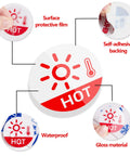 Close-up of 6 Pack Hella Durable Hot And Cold Water Faucet Labels Self Adhesive Waterproof Sink Temperature Stickers with gloss finish.