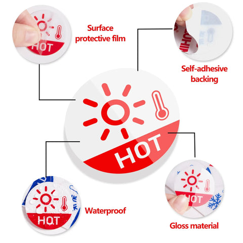 Close-up of 6 Pack Hella Durable Hot And Cold Water Faucet Labels Self Adhesive Waterproof Sink Temperature Stickers with gloss finish.