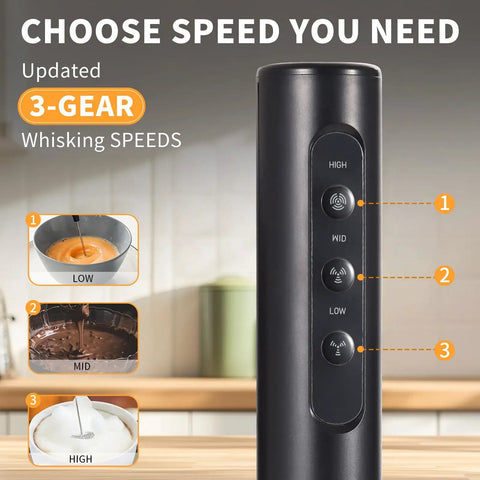 Rechargeable Handheld Milk Frother With Stand 3 Speeds And 3 Detachable Stainless Steel Whisks Electric Drink Mixer control
