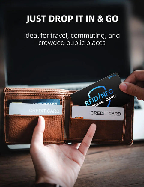 RFID Blocking Card 6 Pack No Skimming Wallet Shield Anti Theft NFC Blocker being placed in wallet to protect cards