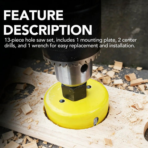 Pro Level 13 Piece Hole Saw Set With Arbor And Twist Drill Bits Built Tough From Heat Treated Carbon Steel Heavy Duty Cutter For Wood Plastic Drywall Or Thin Metal Straight Out Of Box Total Diy Kit With Rugged Case featuring yellow hole saw on wood.