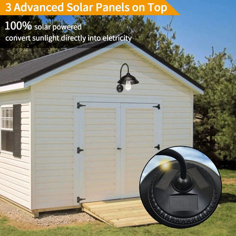 Dope Solar Barn Lights Outdoor Motion Sensor Sconces With 3 Modes on white shed, solar panel close-up shown