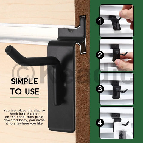 32 Piece Slatwall Hook Set With 2 Inch 4 Inch 6 Inch And 8 Inch Heavy Duty Display Hooks For Garage Shop And Retail Pegboard Gridwall Organization Assorted Mounting Brackets, close-up of black hook installation on panel