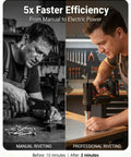 Upgrade Your Rig With This Pro-Grade Electric Rivet Gun Adapter Kit That Turns Standard Drills Into Heavy-Duty Riveting Powerhouses showing manual vs professional riveting.