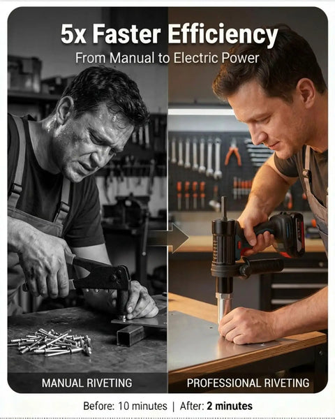 Upgrade Your Rig With This Pro-Grade Electric Rivet Gun Adapter Kit That Turns Standard Drills Into Heavy-Duty Riveting Powerhouses showing manual vs professional riveting.