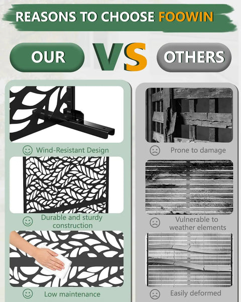 Comparison chart showing benefits of Metal Outdoor Privacy Screen Set Of 2 Freestanding Privacy Fence Panels over others.