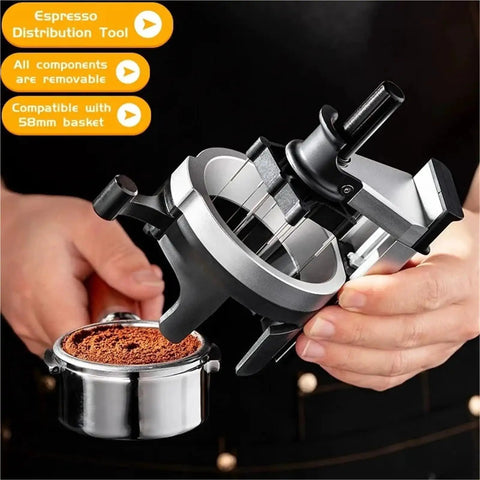 Professional 58Mm Espresso WDT Distribution Tool with 12 tuning needles, silver construction, used for coffee grounds in 58mm basket.