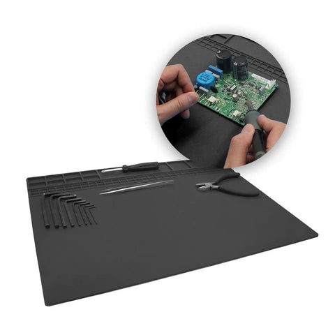 Heat Resistant Soldering Mat Silicone Repair Workbench Pad 932 F For Electronics Repair, Pro Grade, with tools and circuit board
