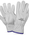 Large Heavy Duty Cowhide Leather Driver Work Gloves For Driving Trucking Construction And Outdoor Tasks With Reinforced Palm And Fingers For Superior Grip Protection In Farming Landscaping Gardening Ranching And DIY, shown pair front and back