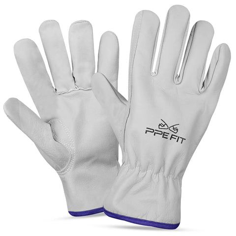 Large Heavy Duty Cowhide Leather Driver Work Gloves For Driving Trucking Construction And Outdoor Tasks With Reinforced Palm And Fingers For Superior Grip Protection In Farming Landscaping Gardening Ranching And DIY, shown pair front and back