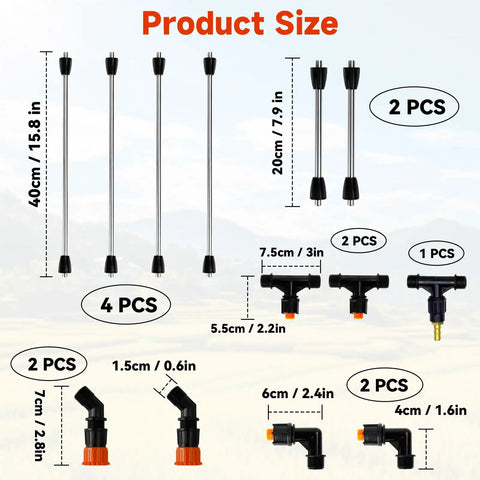 Product size chart for Four Nozzles Metal Boom Wand Sprayer Pro Grade With Brass Fittings, showing rods and connectors.