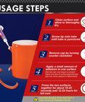 Super glue gel usage steps infographic showing orange mug being glued with a tube.