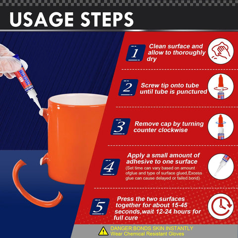 Super glue gel usage steps infographic showing orange mug being glued with a tube.