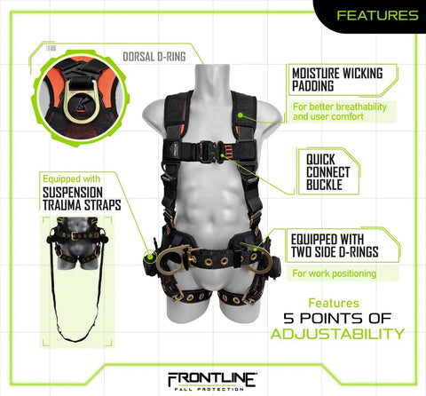 All Day Comfort Full Body Harness For Worksite Safety OSHA And ANSI Compliant with moisture wicking pads and quick connect buckle