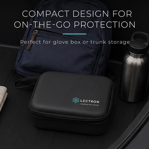 Rugged Hard Shell Zipper Case For Tesla Nacs And J1772 Ev Charger Adapters With Soft Padded Interior in compact design for trunk storage.