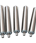 Built Like A Tank Stainless Steel Roller Set Includes Five Heavy Duty Conveyor Rollers For Material Handling And Workshop Jobs Featuring Bulletproof Construction And Slick Smooth Operation, showing five shiny stainless steel rollers.