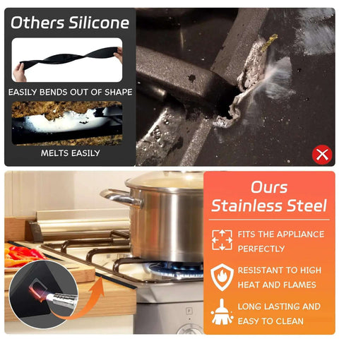 Comparison of adjustable stove gap covers showing silicone versus stainless steel, highlighting heat resistance and durability