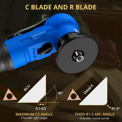 Dual Blade Pneumatic Chamfering Tool For Metal And Wood With 30,000 RPM 45 Degree Chamfer 10 C Angle And 10 R Angle Blades