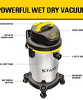 Heavy Duty Wet And Dry Vacuum Cleaner With 4 Gallon Tank And 4 HP Power, Stainless Steel Canister In Silver And Yellow