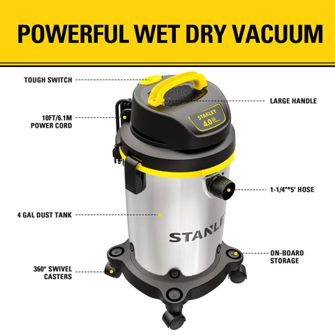 Heavy Duty Wet And Dry Vacuum Cleaner With 4 Gallon Tank And 4 HP Power, Stainless Steel Canister In Silver And Yellow