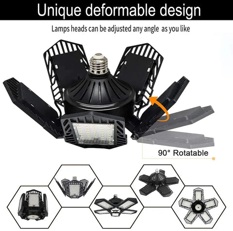 Deformable LED Garage Light 160W 16000 Lumens Five Adjustable Heads Lighting Fixture With 180 Degree Coverage E26 Base