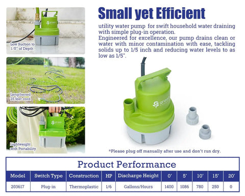 Handy Submersible Utility Water Pump One Sixth HP With 25 Ft Power Cord for household drainage; lightweight green pump