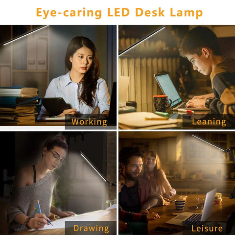 Eye-Care Swing Arm Desk Lamp With No-Fuss Clamp For Home Office illuminating various activities like reading and studying.