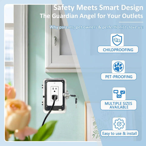 Heavy Duty Childproof Outlet Lock Box With Two Durable Keys, Tool Free Install, installed on wall, black socket protector