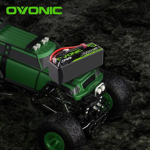 4S 14.8V 6500mAh RC LiPo Battery 120C With T Plug Deans Connector, positioned on an RC car for visual effect, Pack of 2