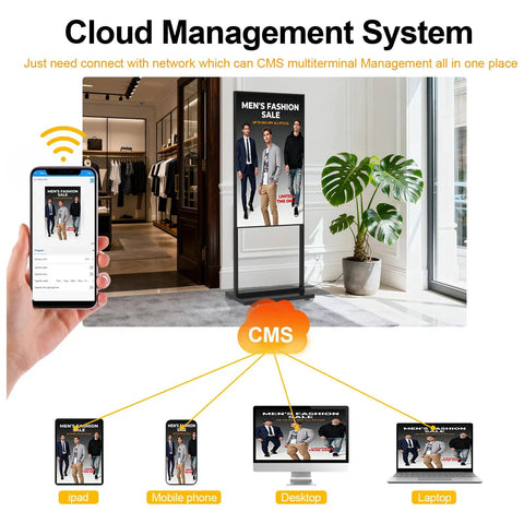 55 Inch 4K Indoor Floor Stand Digital Signage With 1000 Nits Brightness And No Fuss Rolling Base For Quick Retail Setup Android Smart Advertising Display With Wifi Plug Play Flexibility showcasing CMS management with mobile devices.