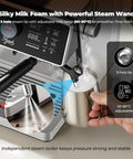 Straight Fire Dual Boiler Espresso Machine With Integrated Grinder And 58Mm Portafilter For Semi Auto Brews detailed steam wand producing milk froth.
