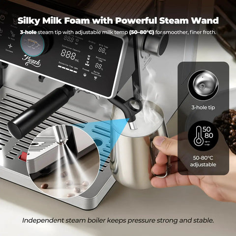Straight Fire Dual Boiler Espresso Machine With Integrated Grinder And 58Mm Portafilter For Semi Auto Brews detailed steam wand producing milk froth.
