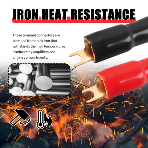 Top Tier 0 Gauge Fork Connectors For Car Audio Power Cables with heat-resistant iron, ideal for engine compartment use.