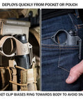 Switchback DF Flashlight Ring for SureFire Dual Fuel Tactical Lights clipped to pocket and military gear