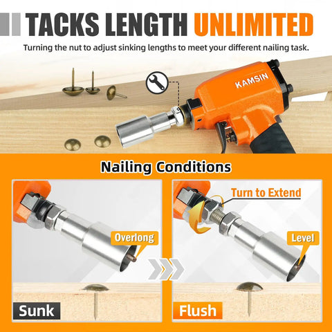 Image of Dope Lightweight Pneumatic Decorative Nailer showing nail adjusting capabilities for upholstery and furniture.