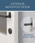 Sliding Barn Door Privacy Lock With Emergency Release Matte Black Finish 5 Inch Latch on exterior mounted door with interior view
