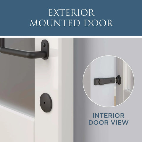 Sliding Barn Door Privacy Lock With Emergency Release Matte Black Finish 5 Inch Latch on exterior mounted door with interior view