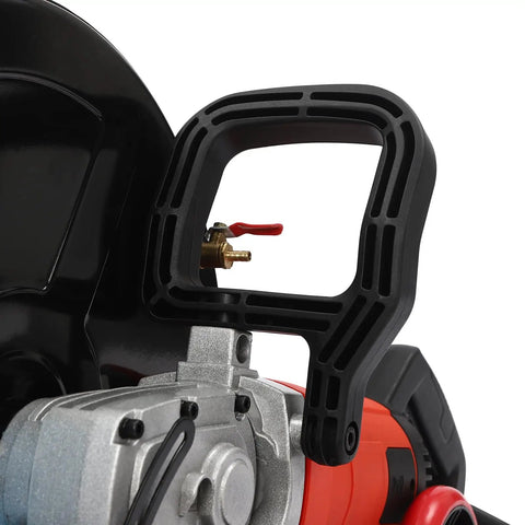 Heavy Duty Electric Concrete Saw With Four Thousand Watt Motor And Industrial Diamond Blade For Cutting Granite Porcelain Wood And Masonry Job Site Ready Built Tough As Nails grip and water valve detail
