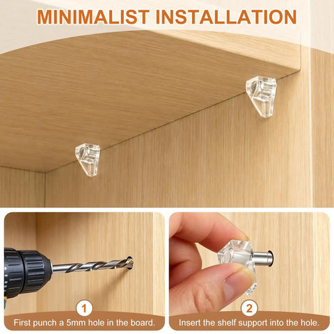 20 Pack Clear Cabinet Shelf Support Pegs Equipped With 5mm Locking Holder Clips Premium Replacement Hardware Totally Secure Fit Sweet Upgrade For Kitchen Cabinets Closets And Wood Furniture No Sweat Install showing installation steps with a drill and shelf support.