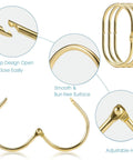 Shower Curtain Rings Set 12 Pcs Oval Snap Hooks Gold Finish Rust Proof Metal Curtain Rings For Smooth Glide On Rods No Fuss Snap On Installation Durable Bathroom Accessories, showing open and closed hooks with detailed view of snap design.