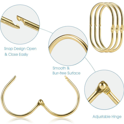 Shower Curtain Rings Set 12 Pcs Oval Snap Hooks Gold Finish Rust Proof Metal Curtain Rings For Smooth Glide On Rods No Fuss Snap On Installation Durable Bathroom Accessories, showing open and closed hooks with detailed view of snap design.