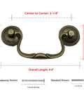 Antique Brass Cabinet Pulls Three And One Quarter Inch Center European Style Decorative Drawer Handles with dimensions and screws