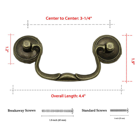 Antique Brass Cabinet Pulls Three And One Quarter Inch Center European Style Decorative Drawer Handles with dimensions and screws