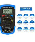 Essential Digital Multimeter For DIYers And Pro Techs With TRMS 4000 Counts, shows display and button layout with functions.
