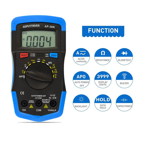 Essential Digital Multimeter For DIYers And Pro Techs With TRMS 4000 Counts, shows display and button layout with functions.