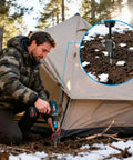 Man using Heavy Duty Ice Anchor Tool Kit For Ice Fishing, 6 Stainless Steel Tent Stakes Nails With Ice Anchor Drill Adapter