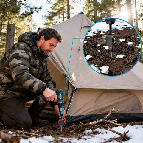 Man using Heavy Duty Ice Anchor Tool Kit For Ice Fishing, 6 Stainless Steel Tent Stakes Nails With Ice Anchor Drill Adapter
